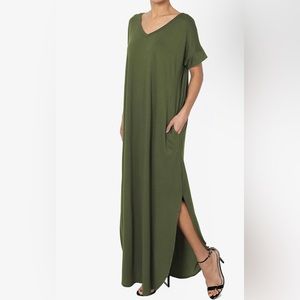 Zenana Plus Short Rolled Sleeve Side Slit V-Neck Maxi Dress